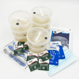 AgarPots kit: four sealed pots of set agar with sterile wipes, gloves and a scalpel