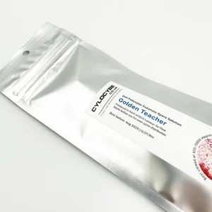Psilocybe cubensis spore syringe inside labelled silver foil bag