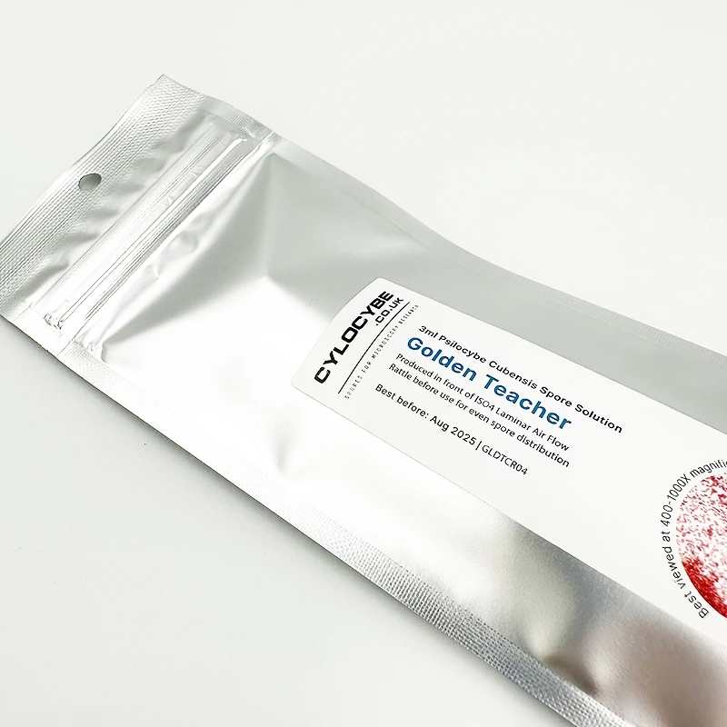 Psilocybe cubensis spore syringe inside labelled silver foil bag