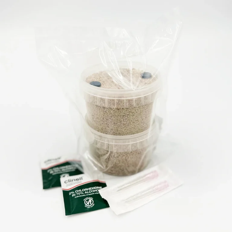 Two PF-Tek MycoPots sealed in bag with wipes and needles