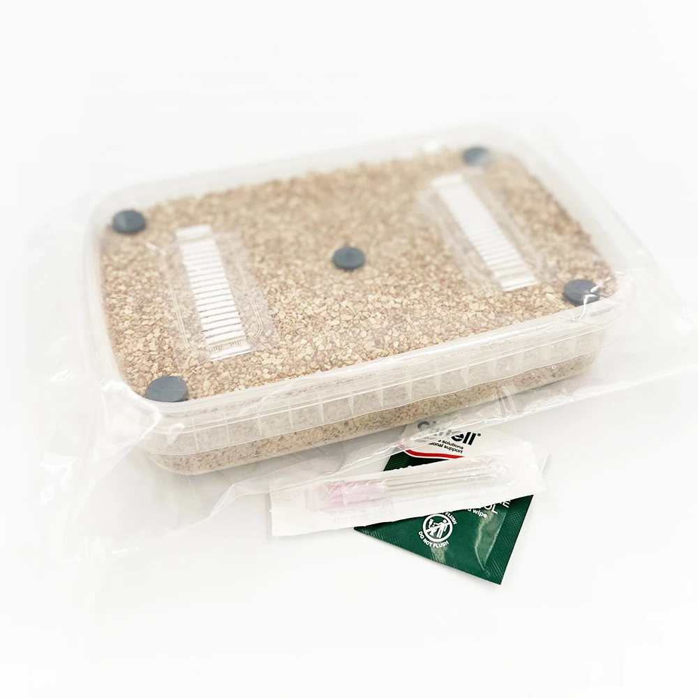 A PF-Tek MycDrop box: clear tub of pale substrate with filter strips, wipes and needle alongside