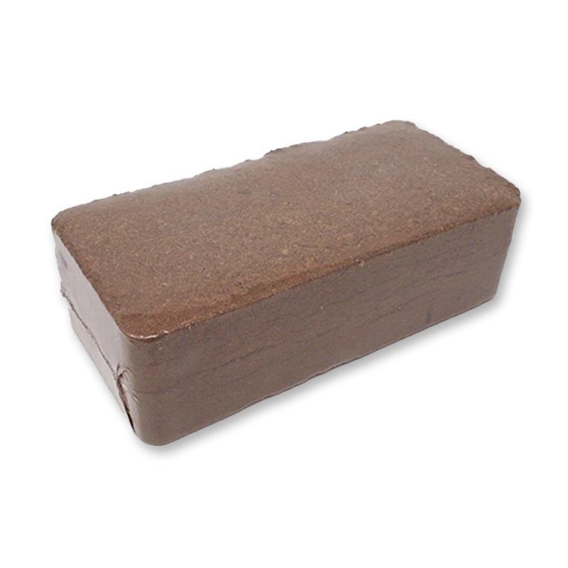 Coco coir brick: a compressed rectangular block of dark brown coconut fibre