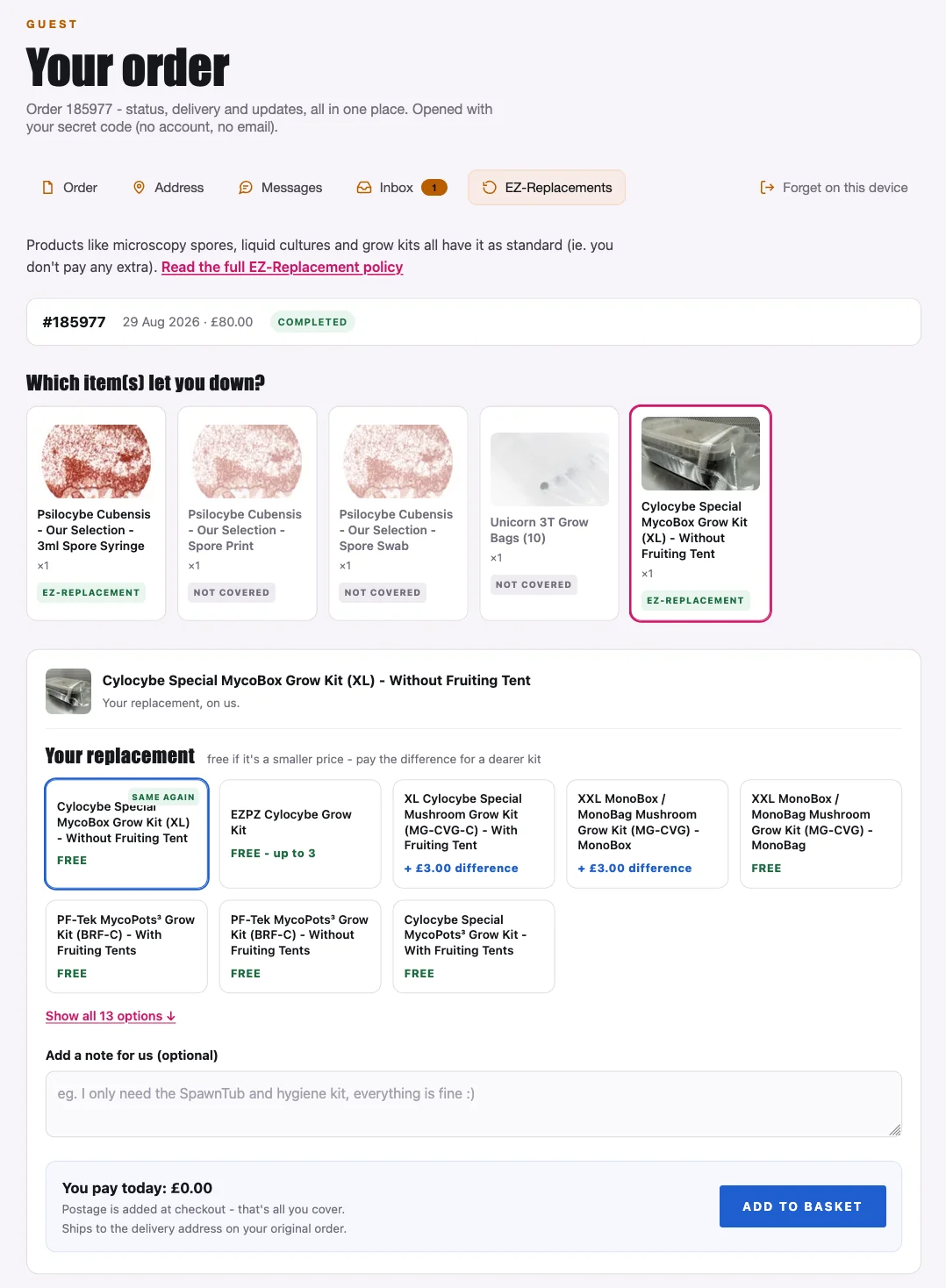 The EZ-Replacements claim screen: pick the item, pick the replacement, add to basket