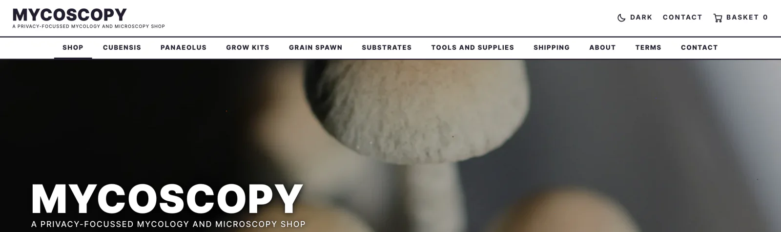 The top of the mycoscopy.uk homepage: the Mycoscopy name and menu over a close-up of mushrooms